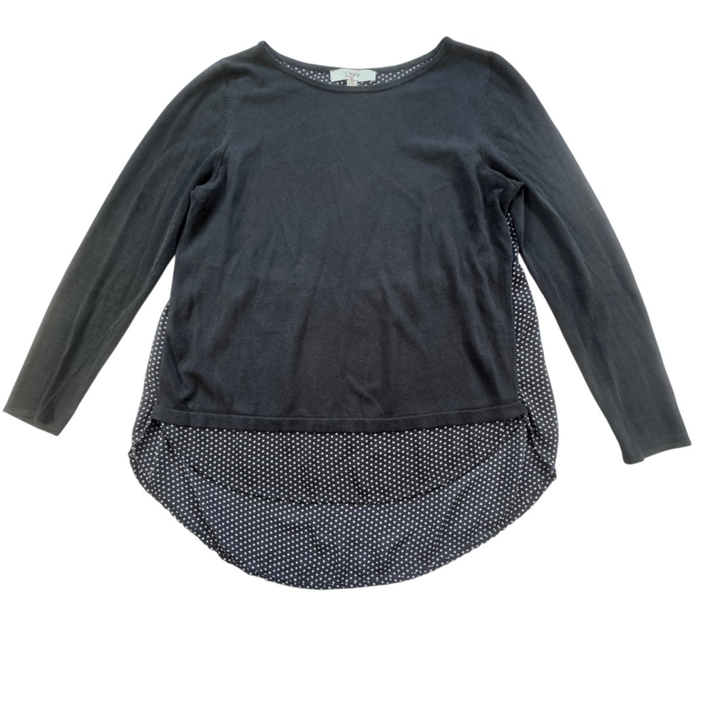 Loft Ann Taylor Mixed Media Polka Dot Sweater Black Womens Medium High Low Top